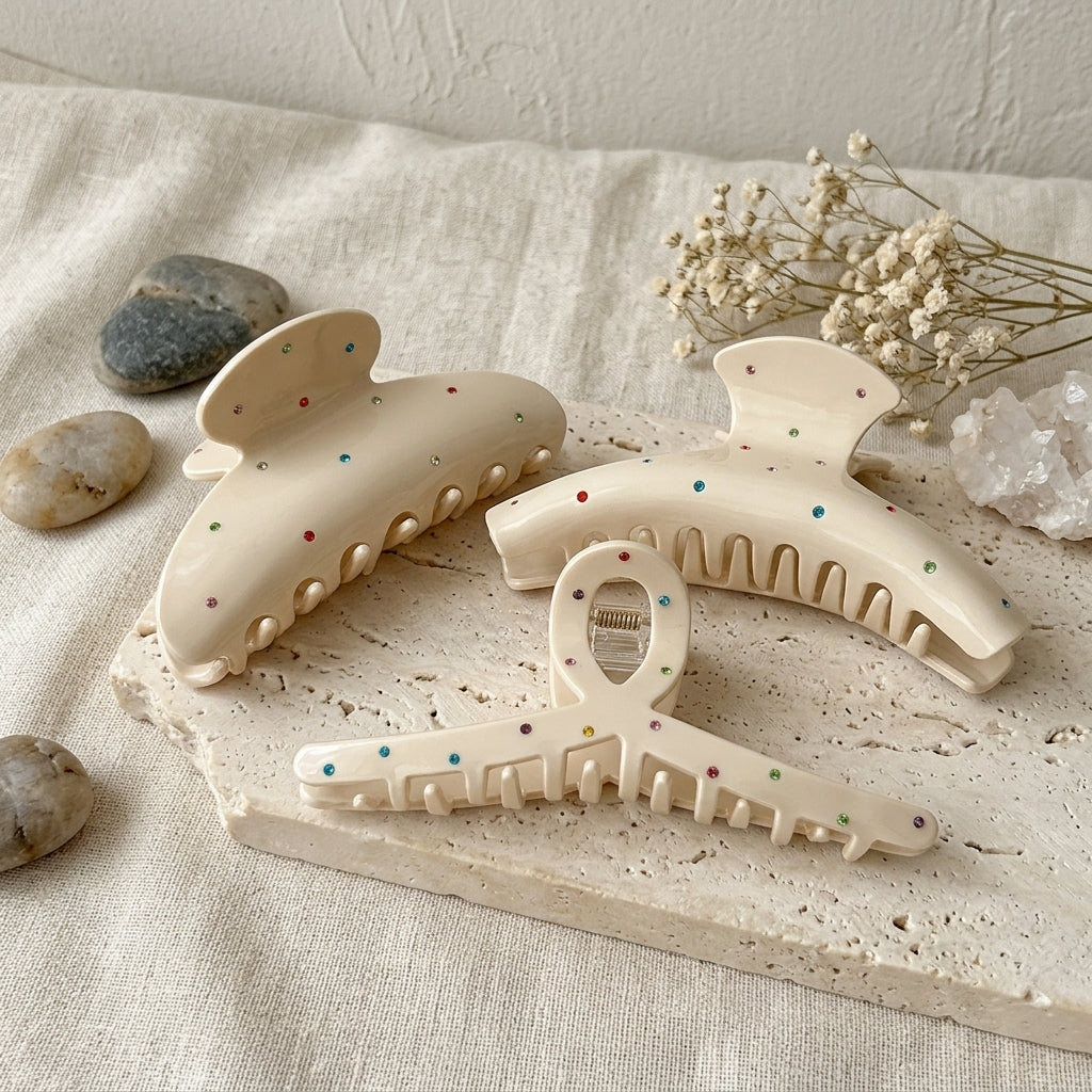 Cream Color Rhinestone Hair Claw Large Shark Clip for Updo Thick Hair